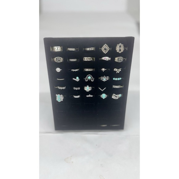 Jewelry - Wholesale Lot Of 30 Rings Costume Silver Turquoise Onyx Blue In Mixed Sizes